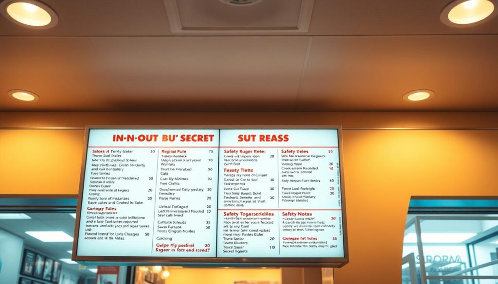 A bright, modern diner interior with an in-n-out burger menu board displayed prominently. The board features a list of regional rules and safety notes about secret menu items, presented in a clean, minimalist typographic style. The lighting is warm and inviting, casting a soft glow across the scene. The overall atmosphere conveys a sense of transparency and attention to detail, reflecting the brand's commitment to quality and customer experience. The camera angle is slightly elevated, providing a clear view of the menu board against the backdrop of the restaurant's interior.