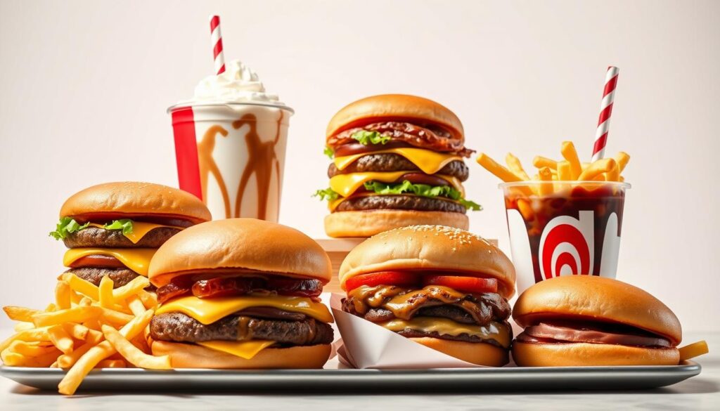 A brightly lit close-up of a selection of calorie-dense menu items from the secret In-N-Out menu, shot with a high-quality camera lens against a clean, neutral background. The items are arranged neatly, showcasing their rich, indulgent textures and flavors - think towering burgers, decadent milkshakes, and crispy, golden fries. The lighting is soft and flattering, highlighting the mouthwatering details of each dish. The overall mood is one of temptation and indulgence, inviting the viewer to imagine the satisfying experience of consuming these high-calorie, high-protein specialties. A brightly lit close-up of a selection of calorie-dense menu items from the secret In-N-Out menu, shot with a high-quality camera lens against a clean, neutral background. The items are arranged neatly, showcasing their rich, indulgent textures and flavors - think towering burgers, decadent milkshakes, and crispy, golden fries. The lighting is soft and flattering, highlighting the mouthwatering details of each dish. The overall mood is one of temptation and indulgence, inviting the viewer to imagine the satisfying experience of consuming these high-calorie, high-protein specialties.