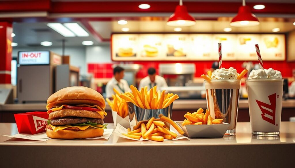 A brightly lit fast-food counter with an array of secret menu items from In-N-Out Burger, including a Double-Double, fries, and a milkshake. The items are arranged neatly on the counter, showcasing their fresh ingredients and classic American diner-style presentation. The background features the restaurant's iconic red and white color scheme, with a glimpse of the bustling kitchen and servers in the distance. The lighting is warm and inviting, accentuating the textures and colors of the food. The overall atmosphere conveys a sense of nostalgia and the allure of hidden menu options at this beloved West Coast institution. A brightly lit fast-food counter with an array of secret menu items from In-N-Out Burger, including a Double-Double, fries, and a milkshake. The items are arranged neatly on the counter, showcasing their fresh ingredients and classic American diner-style presentation. The background features the restaurant's iconic red and white color scheme, with a glimpse of the bustling kitchen and servers in the distance. The lighting is warm and inviting, accentuating the textures and colors of the food. The overall atmosphere conveys a sense of nostalgia and the allure of hidden menu options at this beloved West Coast institution.