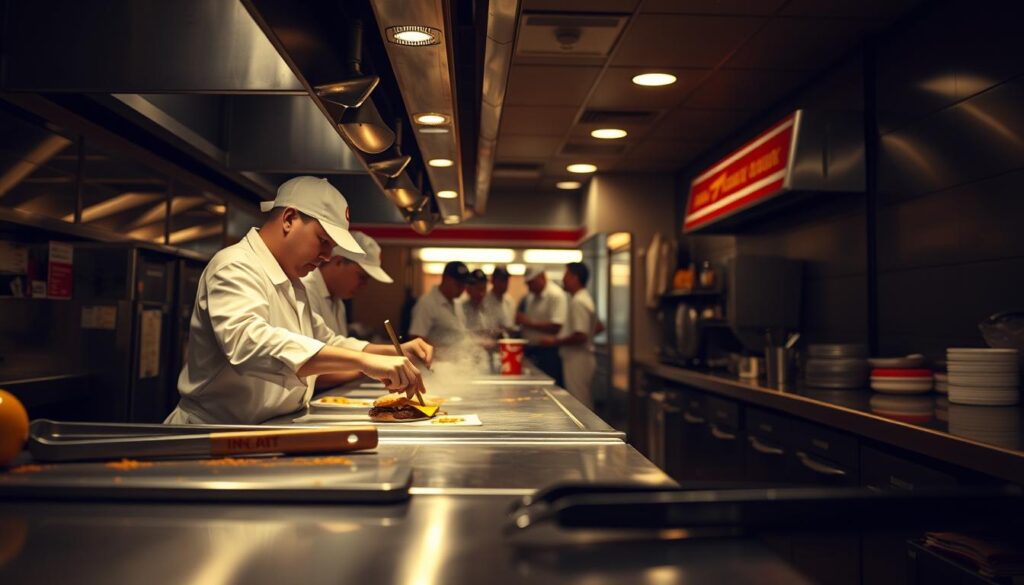 A hidden, low-lit in-n-out kitchen, with stainless steel countertops, spatulas, and oil-splattered tongs in the foreground. In the middle ground, employees in crisp white uniforms expertly prepare a secret menu item, their hands moving with practiced efficiency. The background is a blur of activity, as other staff members scurry around, fulfilling orders and restocking supplies. The atmosphere is one of hushed intensity, as if the kitchen is a well-oiled machine operating behind the scenes, invisible to the casual customer. Warm, muted lighting casts a golden glow, creating a sense of mystery and exclusivity around the secret menu.