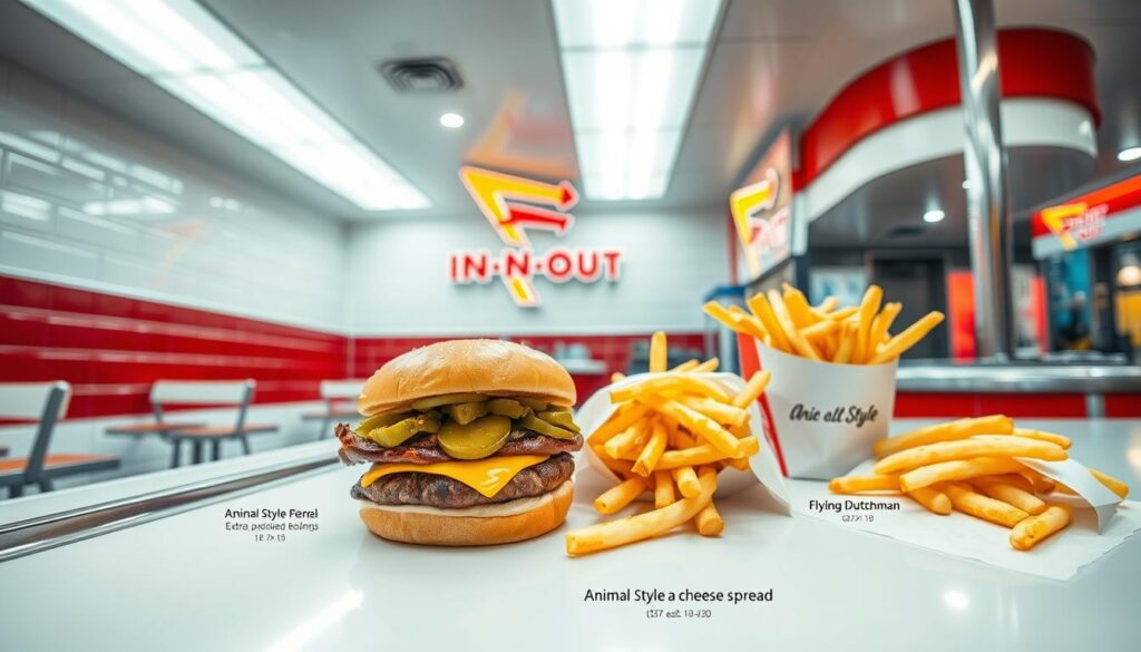 A sleek, modern diner interior with an In-N-Out Burger counter in the foreground. Bright, inviting lighting illuminates the glossy white tiles, chrome accents, and red and white color scheme. On the counter, various secret menu items are displayed: an "Animal Style" burger with extra spread, caramelized onions, and pickles; a "Flying Dutchman" with two meat patties and two slices of cheese; and an array of customized fries, like "Animal Style" with cheese and spread. The background features an In-N-Out logo and other branded elements, creating a cohesive, authentic diner atmosphere. A sleek, modern diner interior with an In-N-Out Burger counter in the foreground. Bright, inviting lighting illuminates the glossy white tiles, chrome accents, and red and white color scheme. On the counter, various secret menu items are displayed: an "Animal Style" burger with extra spread, caramelized onions, and pickles; a "Flying Dutchman" with two meat patties and two slices of cheese; and an array of customized fries, like "Animal Style" with cheese and spread. The background features an In-N-Out logo and other branded elements, creating a cohesive, authentic diner atmosphere.