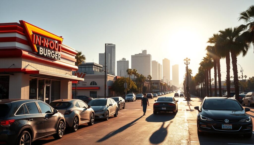 A sun-dappled street corner with an in-n-out burger restaurant in the foreground, its iconic red and white facade and neon signs gleaming in the warm afternoon light. Parked cars line the curb, and pedestrians stroll past, casting long shadows on the pavement. The middle ground features a bustling urban setting, with towering skyscrapers and palm trees in the distance, conveying a sense of place in a vibrant California city. The lighting is soft and natural, creating a welcoming, inviting atmosphere. The camera angle is slightly elevated, providing a comprehensive view of the scene and the in-n-out burger location within its urban context.