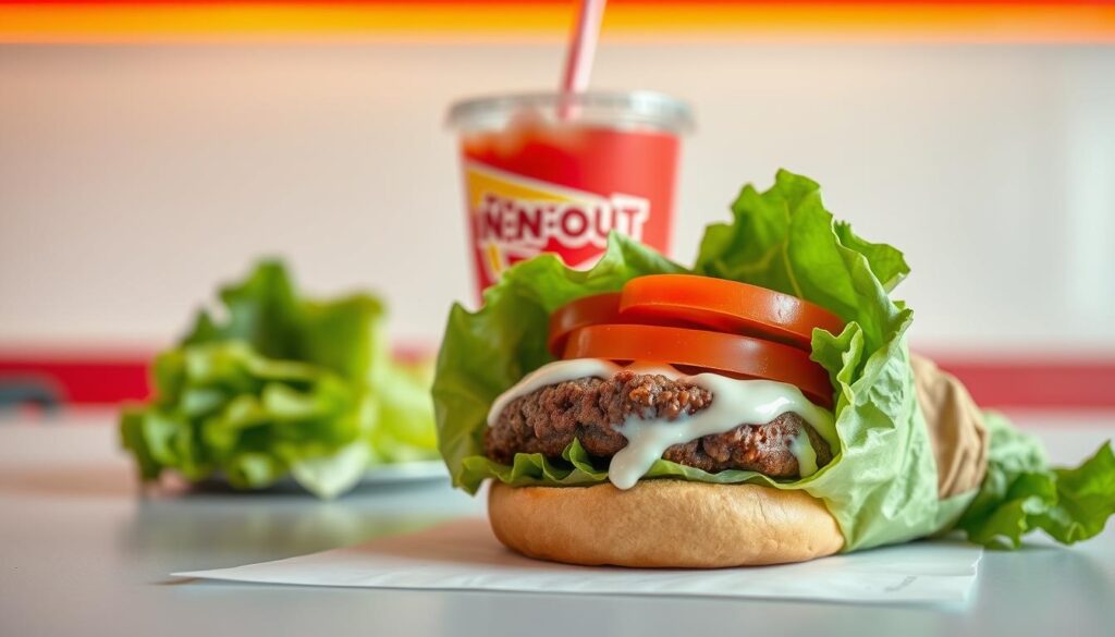 A vibrant, high-resolution image of a deliciously presented "Protein Style" In-N-Out burger. In the foreground, the burger is neatly wrapped in lettuce leaves, showcasing the succulent beef patty, fresh tomatoes, and creamy sauce. The middle ground features the iconic In-N-Out cup, filled with a refreshing beverage, alongside a side of crisp lettuce leaves. In the background, a clean, minimal setting with warm lighting accentuates the wholesome, healthy vibe of this secret menu item. The image captures the essence of a nutritious, guilt-free indulgence, perfect for those with special dietary needs or preferences.
