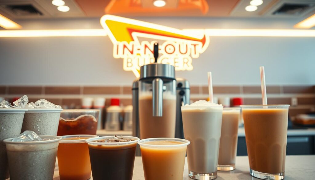 A well-lit, high-angle view of an In-N-Out Burger counter, showcasing a variety of refreshing drinks and milkshakes. The foreground features a row of classic paper cups filled with iced beverages, condensation glistening on their surfaces. In the middle ground, a stainless steel milkshake mixer stands ready, its chrome finish reflecting the warm lighting. Behind it, the iconic In-N-Out Burger logo is prominently displayed, framed by a clean, minimalist design. The background is softly blurred, suggesting the bustling energy of the restaurant. The overall composition conveys a sense of quality, freshness, and the quintessential In-N-Out Burger experience.