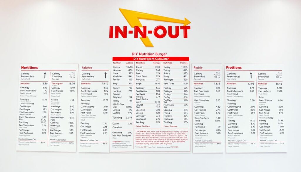 A well-lit, high-resolution image of an in-depth nutrition information display for In-N-Out Burger menu items. The display is positioned on a clean, white background, showcasing a clear, organized layout with detailed calorie, fat, carbohydrate, and protein values for each menu item. The information is presented in a visually appealing manner, with a minimalist design that emphasizes the data. The overall atmosphere is informative and inviting, reflecting the DIY nutrition calculator approach described in the article section. A well-lit, high-resolution image of an in-depth nutrition information display for In-N-Out Burger menu items. The display is positioned on a clean, white background, showcasing a clear, organized layout with detailed calorie, fat, carbohydrate, and protein values for each menu item. The information is presented in a visually appealing manner, with a minimalist design that emphasizes the data. The overall atmosphere is informative and inviting, reflecting the DIY nutrition calculator approach described in the article section.