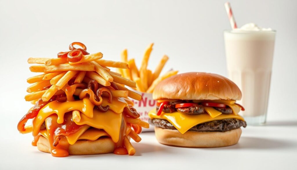 An assortment of In-N-Out Burger's legendary secret menu items, carefully arranged against a pristine white backdrop. In the foreground, a stack of steaming animal-style fries, dripping with melted cheese and caramelized onions. Alongside, a sizzling Double-Double burger, its buns glistening with the perfect golden-brown hue. In the middle ground, a trio of hand-cut, crispy-edged french fries, seasoned to perfection. In the background, a milkshake, its creamy texture and vibrant color creating a smooth, indulgent contrast. Soft, natural lighting casts a warm, inviting glow over the scene, heightening the mouthwatering appeal of these iconic secret menu treasures.