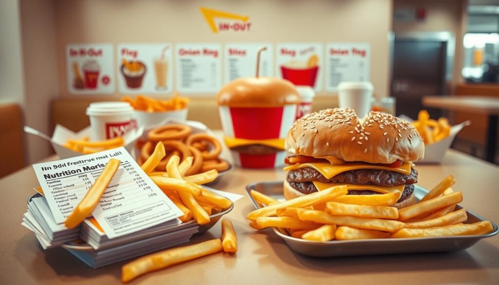 An overhead view of a clean, well-lit table showcasing a variety of In-N-Out menu items. In the foreground, a tray of fresh french fries, golden and crisp, with a stack of nutritional information cards next to them, detailing the calories and macros. In the middle ground, a classic double-double burger, the bun glistening with sesame seeds, the meat and cheese perfectly layered. Behind it, a selection of In-N-Out sides like onion rings and milkshakes, their nutritional values also displayed. The background is a warm, neutral-toned diner setting, with clean lines and a sense of order, emphasizing the attention to detail in the menu presentation. The lighting is natural and diffused, creating a modern, appetizing atmosphere. An overhead view of a clean, well-lit table showcasing a variety of In-N-Out menu items. In the foreground, a tray of fresh french fries, golden and crisp, with a stack of nutritional information cards next to them, detailing the calories and macros. In the middle ground, a classic double-double burger, the bun glistening with sesame seeds, the meat and cheese perfectly layered. Behind it, a selection of In-N-Out sides like onion rings and milkshakes, their nutritional values also displayed. The background is a warm, neutral-toned diner setting, with clean lines and a sense of order, emphasizing the attention to detail in the menu presentation. The lighting is natural and diffused, creating a modern, appetizing atmosphere.